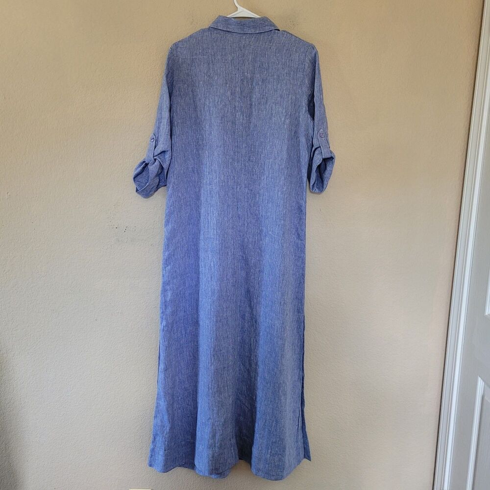 Chicos Maxi Linen Shirt Dress Size 6 Blue Roll Tab Sleeve Lightweight Pockets - Picture 9 of 10